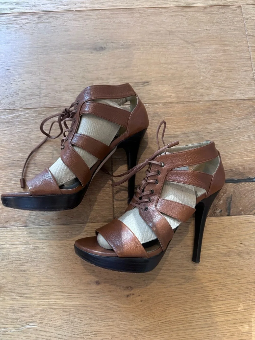 Stuart Weitzman Cognac Leather Lace-Up Platform Stiletto Sandal | Size 5.5